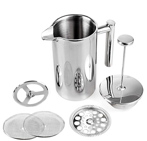 Miuly French Press, Double Wall 18/8 Stainless Steel Coffee & Tea Maker, 1.5L / 50 OZ-Bonus With Two Extra Filter Screens