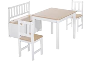 Qaba 4-Piece Set Kids Wood Table Chair Bench with Storage Function Easy to Clean Gift for Girls Boys Toddlers Age 3 Years up 
