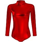 ABAFIP Women Metallic Liquid Shiny Long Sleeve Gymnastic Ballet Dance Leotard Bodysuit Faux Leather Stage Dancewear Costume
