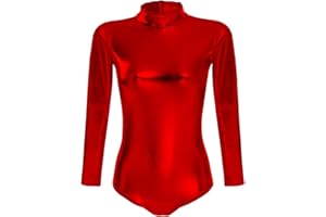 OwlFay Women Shiny Metallic Ballet Dance Leotard Long Sleeve Mock Neck Bodysuit Gymnastic Leotard Top Dress Dancewear