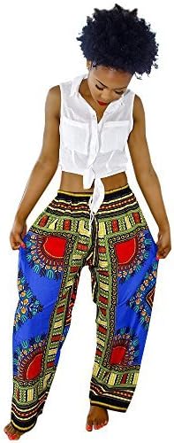 Womens Dashiki Drawstring Waist Trousers Bohemian Wide leg Lounge Pants Blue M