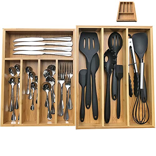 Bamboo Silverware Organizer, Kitchen Cutlery/Utensil/Flatware Drawer Organizer and Storage,Large Wide Organization and Tray Holder Set of 2 - Thumbnail 6