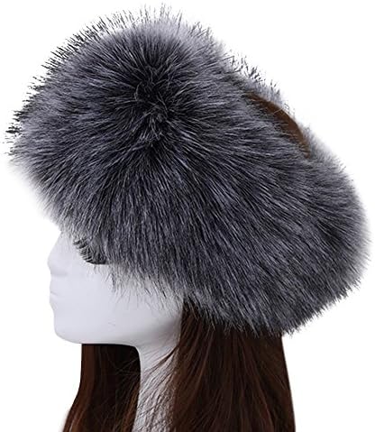 Women's Luxurious Faux Fur Headband Elastic Warm Earmuff Snow Headwrap Hat Dark Grey