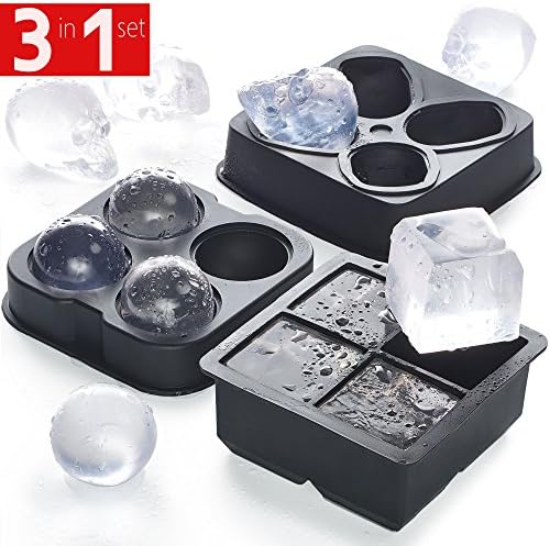 Ice Cube Set 3 in 1 - NEW 2018 - Best Ice Balls Skull Cube Silicone Molds BPA FREE - Chocolate Candy 3D Trays