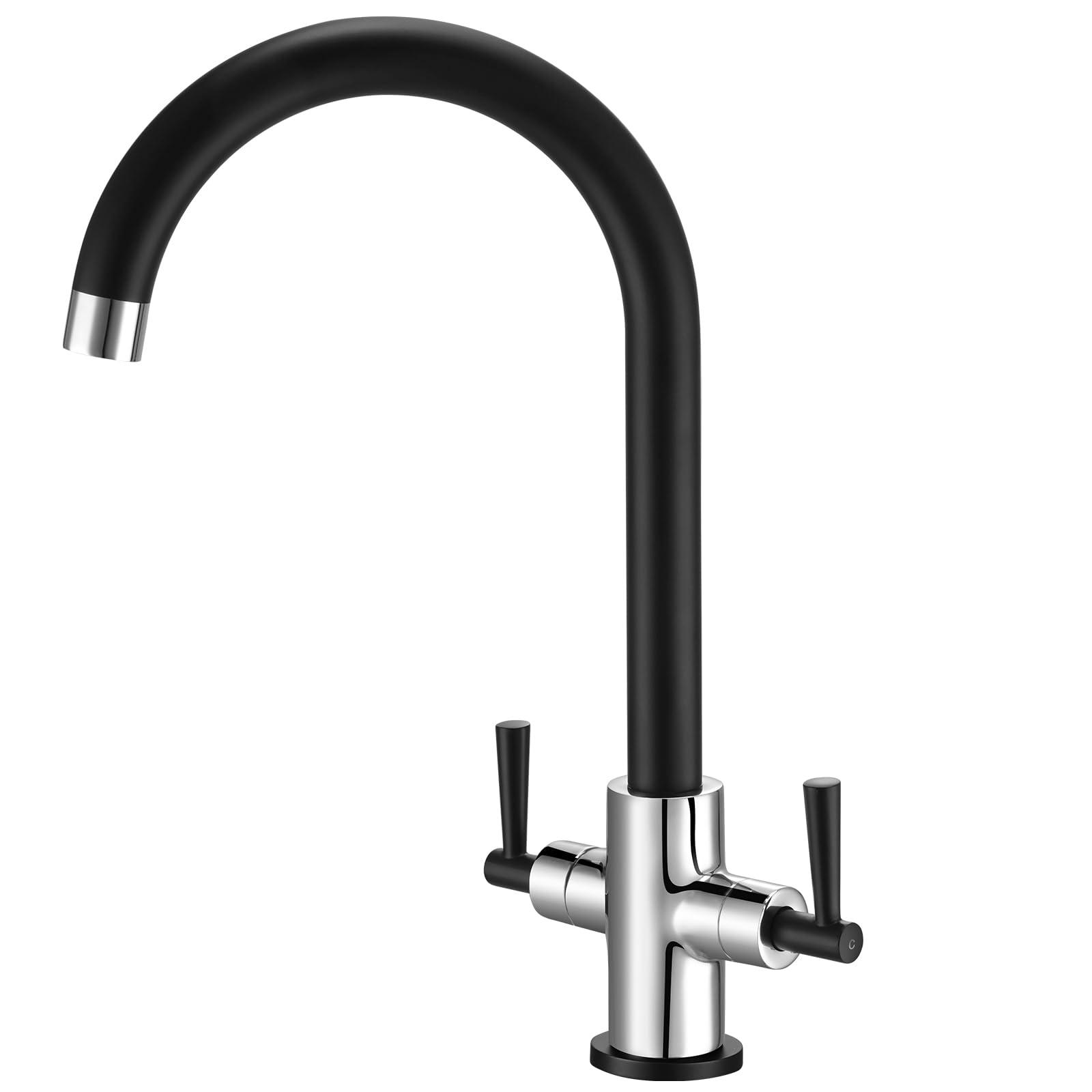 Hapilife Matte Black and Chrome Kitchen Sink Mixer Tap 1 Hole Dual Lever Swan Neck Kitchen Sink Taps Stainless Steel Monobloc Faucet 360° Swivel Spout