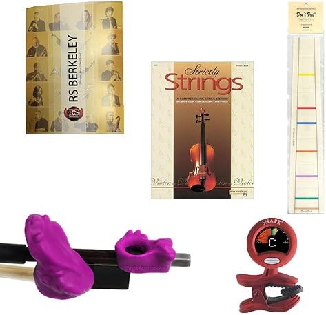 Violin Players Instructional Pack (For 1/8 Size Violin)- Essential Beginners Pack for the Violin Includes: Purple Raspberry Bow Hold Buddy Violin Teaching Aid, Don't Fret Position Indicator for 1/8 Violin, Band Folder, Strictly Strings Book 1 for Violin, &amp; Tuner &amp; Metronome