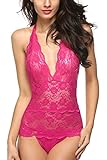 Avidlove Women Halter Lingerie One Piece Lace Jumpsuit Mini Babydoll Rose Red XXL
