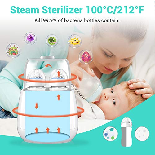 Baby Bottle Warmer Steam Sterilizer, EIVOTOR 6 in 1 Double Bottle Baby Bottle Warmer, LED Display & Baby Food Rapid Heater Warm Milk Formula Heat Food Defrost, BPA Free