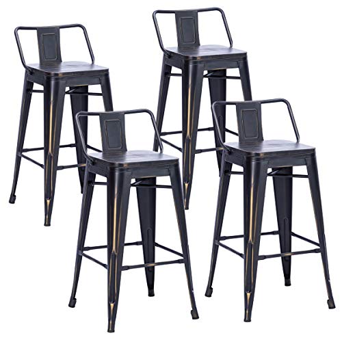 HAOBO Home Distressed Golden Bar Stools Industrial Metal Barstools Counter Height Stools Dining Chair Set of 4 (Low Back Distressed Golden Black with Wood, 26")