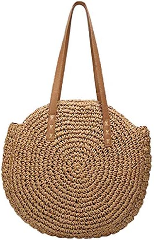Women's Round Straw Bag Handbags Large Summer Beach Tote Woven Handle Shoulder Bag
