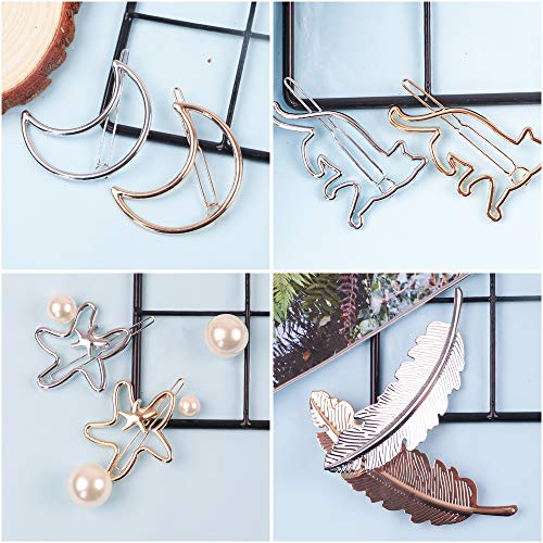 32 pcs Hair Clips Gold Silver Geometric Clips Dainty Feather Moon Triangle Circle Hairpin Star Cat Hair Barrettes for Women