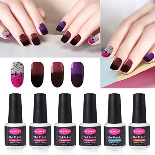 CLAVUZ 6pcs Soak Off Gel Nail Polish Kit Thermal Temperature Color Changing Nail Lacquer Top Coat and Base Coat Manicure Nail Art Varnish Christmas Gift Set