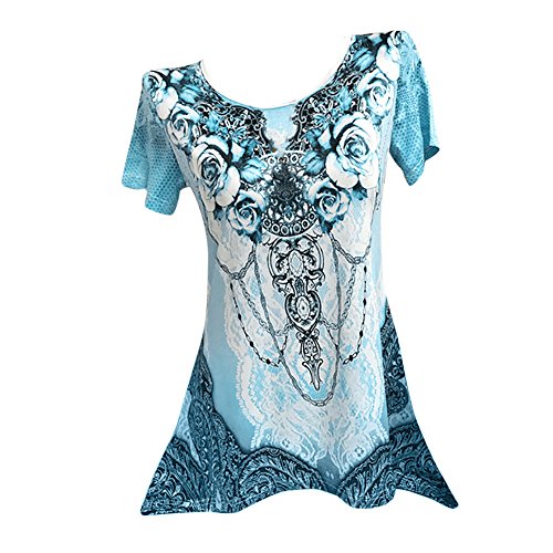 Plus Size Womens Clothing Respctful✿ Casual Short Sleeve T Shirt Boho Floral Print Top Ladies Casual Hem Blouse Blue