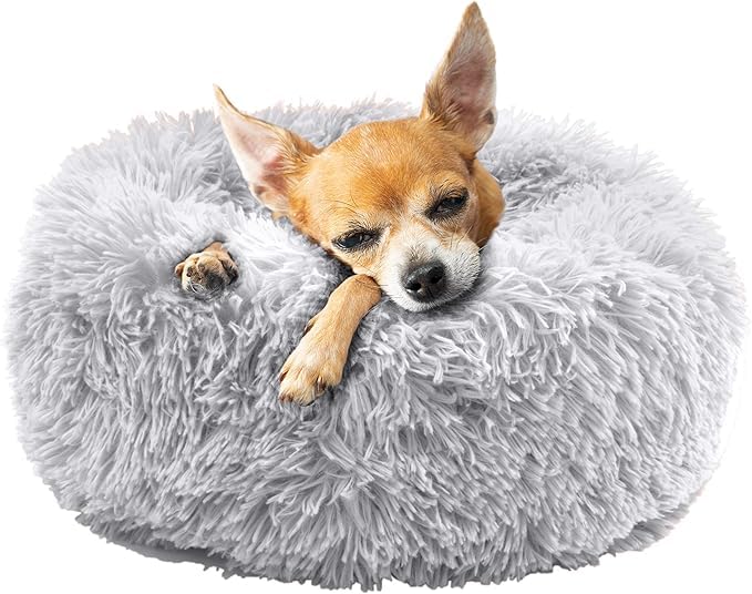 Fur & Bone Round Plush Donut Dog Bed - Fluffy Self-Warming Pet Bed - Washable with Non-Slip & Waterproof Bottom - Calming Dog & Cat Bed (40cm, Grey)