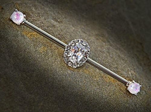 White Rhinestone Oval Industrial Barbell 14ga Surgical Steel Scaffold Bar Body Jewelry