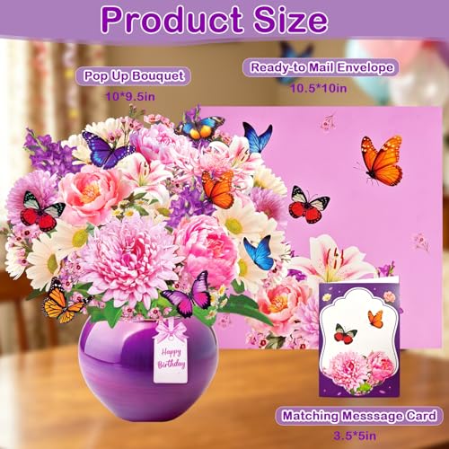 Pop Up Birthday Cards for Women with Birthday Music & Lights, Peony & Gerbera Flower Bouquet with Butterflies Design, 10 Inch Birthday Greeting Card for Mum, Wife, Sisters, Bonus Envelope & Note Card