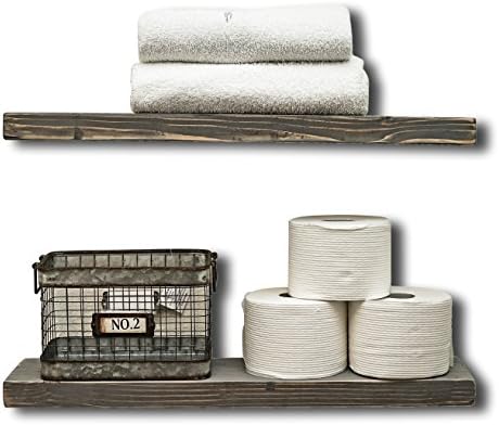 (2pc) FARMHOUSE STYLE RUSTIC 100% NATURAL SOLID PINE WOOD FLOATING SHELVES BRACKETS MOUNTING HARDWARE CLEAR COAT (24"X5.5"X1.5") wall hanging decor picture shelf (Weathered Grey Distressed)