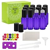 Glass Roll-on Bottles - 5ml, 12 Pack, Violet Colored by Mavogel, Stainless Steel Roller Balls, Essential Oil Opener, Droppers, Funnels, and Labels Included
