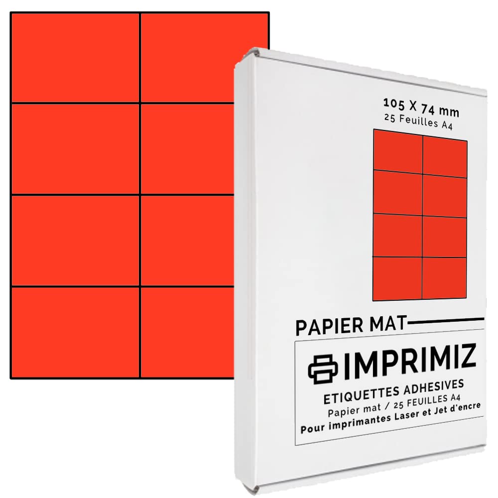 200 Fluorescent Red Sticky Labels (105 x 74mm) – 8 Labels Per Sheet – 25 Adhesive Coloured A4 Paper Sheets for Ink Jet and Laser Printing