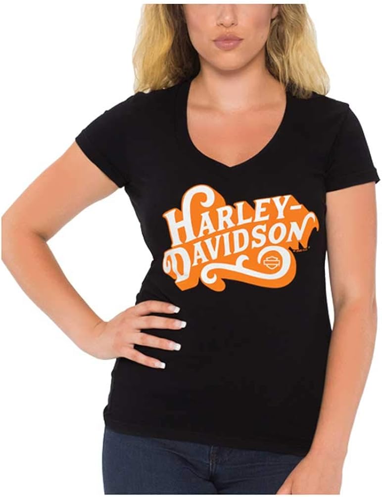 Harley-Davidson Women's Retro H-D V-Neck Short Sleeve Cotton Tee, Black at Amazon Womenâs 