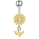 JERWLI Sunflower Belly Button Rings 925 Sterling Silver Dangling Belly Button Ring Piercing Flower Jewelry Gifts for Women