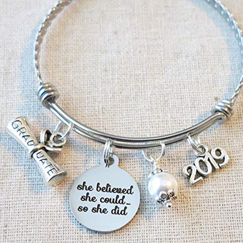 GRADUATION Gift 2019 Bangle Bracelet, She Believed She Could So She Did Inspirational Gift, High School College Graduate Bracelet, Gift For Grad 2019