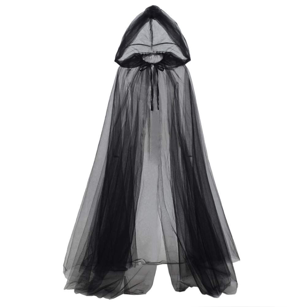 GRACEART Medieval Halloween Costume Hood Tulle Cloak for Women Cosplay Vintage Vampire Horror Bride Long Cloaks Cape (Black)