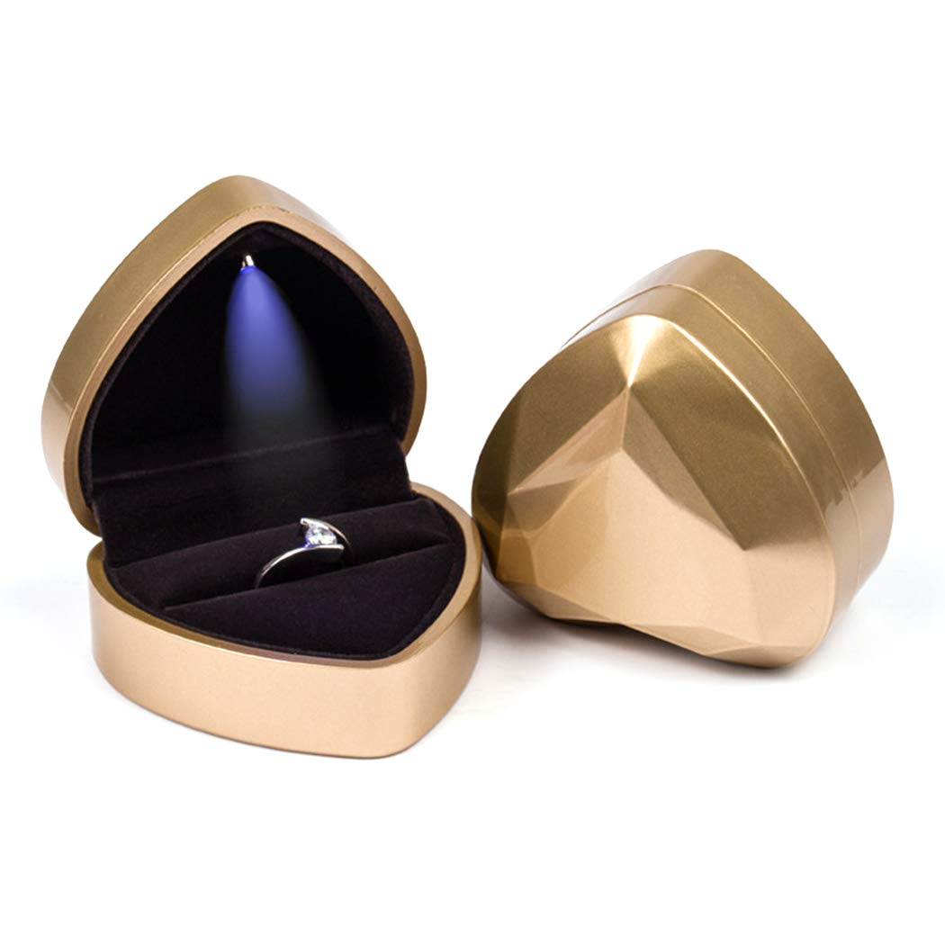 iSuperb Heart Shaped Ring Box LED Light Engagement Ring Boxes Jewelry Gift Box for Proposal Wedding Valentine's Day Anniversary Christmas (Golden)
