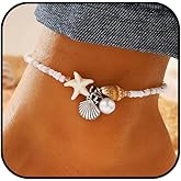 KONPJE Beach Puka Shell Anklet for Women Waterproof Beaded Ankle Bracelets Adjustable Starfish Seashell Pearl Foot Chain Boho Jewerly Present for Summer Beach Party