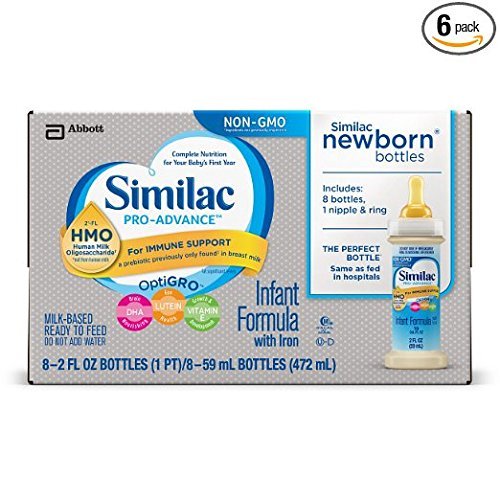 Similac Advance Non-GMO Newborn Infant Formula with Iron, Stage 1, Ready-to-Feed bottles, 2 fl oz, 96 count bottles