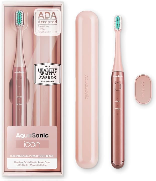 Aquasonic Icon ADA-Accepted Rechargeable Toothbrush | Magnetic Holder & Slim Travel Case | 2 Brushing Modes & Smart Timers |