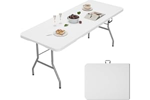 DOVOV 6ft Folding Table, Outdoor Foldable Table with HDPE Tabletop, Safety Locks, Easy to Carry and Store, No-Assembly Camping Table for Dining, Picnic, White