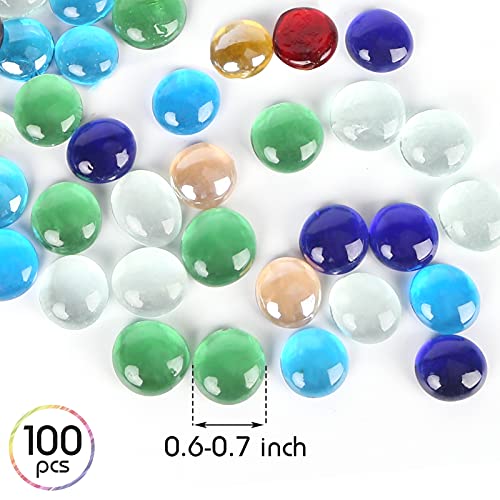 FUTUREPLUSX Flat Glass Marbles 1Lb, 100PCS Fill 0.3L Vol. Premium Corlorful Mixed Color Flat Gems Aquarium Pebbles Vase Filler Beads Table Scatter Decor