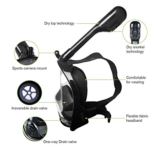 ROCONTRIP Diving mask 180°View Snorkel Mask, Panoramic Full Face Design, Anti-Fogging Anti-Leak with Adjustable Head Straps with Longer Snorkeling Tube for Man Woman Adult Youth Kid
