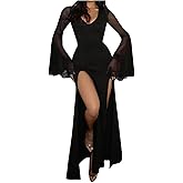 BEAUDRM Women's Y2k Mesh Maxi Dress High Slit Bell Long Sleeve Gothic Long Dresses