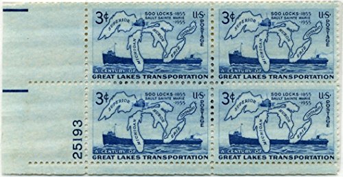 Plate Block of 4 $.03 Cent US Postage Stamps, Soo Locks, Great Lakes, 1955, S#1069