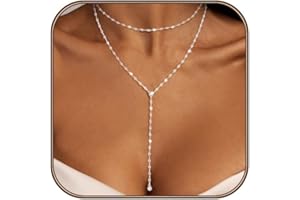 Airmb Lariat Silver/Gold Necklace for Women 925 Silver/14K Gold Plated Dainty Long Necklace Y-Shaped Drop Pendant Necklaces Choker Trendy Chain Simple Layered Necklaces CZ Jewelry for Women Set Gift