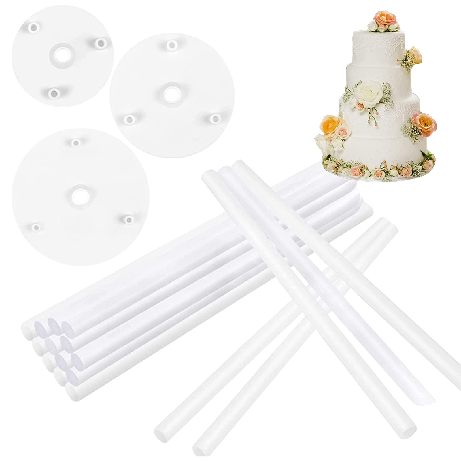 Suxgumoe Cake Dowels for Tiered Cakes, 12 Pcs Plastic Cake Dowels Rods with 3 Pcs 9/12/16cm Cake Boards, Cake Tier Supports for Tiered Cake Construction and Stacking