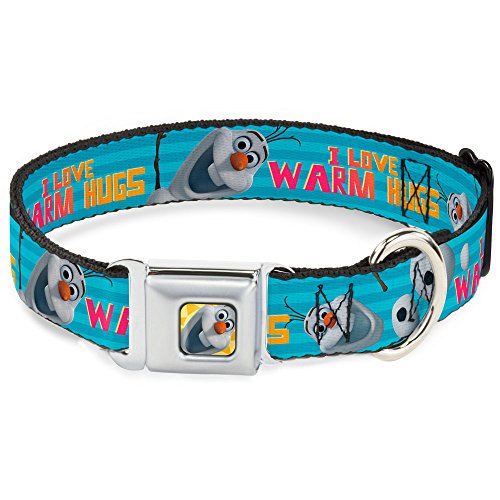 Buckle-Down Seatbelt Buckle Dog Collar - Olaf Pose I LOVE WARM HUGS Stripe Blues - 1