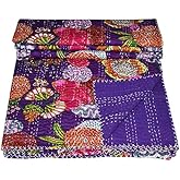 Rajasthaniartdecor Indian Reversible Kantha Quilt for Living Dorm Room Bed Cover Handmade Stitched Pure Cotton Fruit Print Bedspread Kantha Quilt (Twin 60''x90'' Inche, Purple), (RAD00V-8)