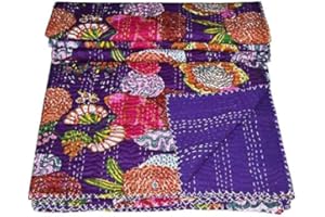 Rajasthaniartdecor Indian Reversible Kantha Quilt for Living Dorm Room Bed Cover Handmade Stitched Pure Cotton Fruit Print Bedspread Kantha Quilt (Queen 90" x 108" Inche, Purple)