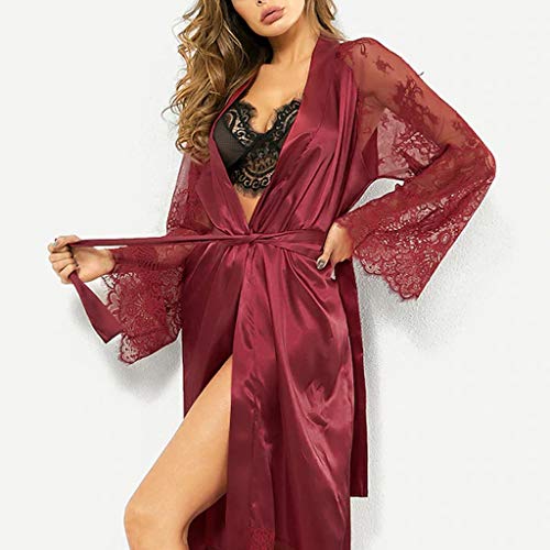 image for Jianekolaa_Lingerie Womens Lace Trim Kimonos Robes Long Satin Gown Bat