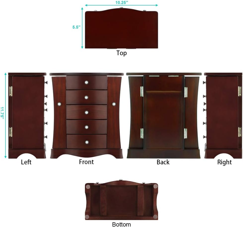 Jewelry Box - Made of Solid Wood with Tower Style 4 Drawers Organizer and 2 Separated Open Doors on 2 Sides and Large Mirror Brown: Home Improvement