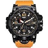 SMAEL men's sports watch outdoor waterproof watch double electronic quartz movement backlit army (orange)