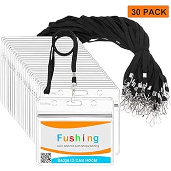 Fushing 30Pcs Clear Plastic Horizontal Name Tags Badge ID Card Holders and 30Pcs Flat Neck Lanyards with Swivel Hook