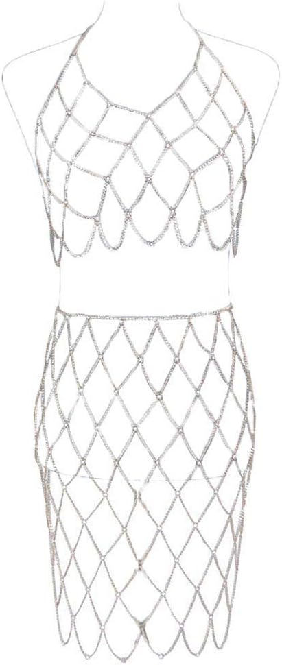 MineSign Boho Jewelry Women Metal Body Chain Set Indian Belly Chain Bikini Halloween Costume Party (Net Chain Silver)