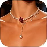 Red Rose Necklace for Women Pearl Choker Dainty Rose Flower Pendant Valentines Day Gift for Her Trendy Jewelry