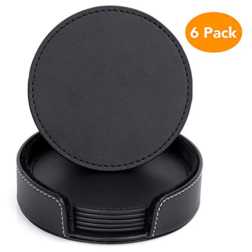 PU Black Leather Coasters, Kmeivol Coasters Set of 6 with Holder, Coasters for Drinks, Coffee