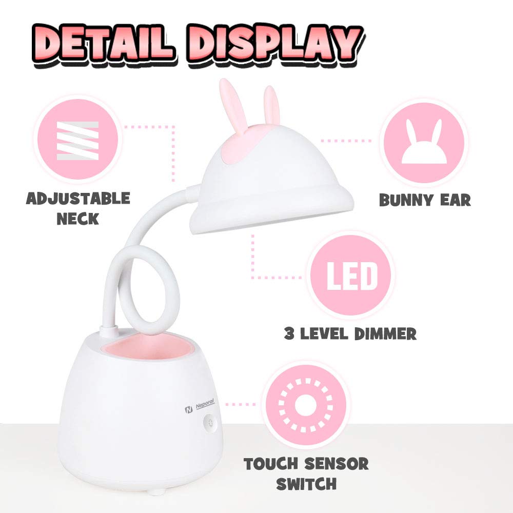 Neporal Led Schreibtischlampe Kinder,3 Helligkeit Touch Control Leselampe,Einstellbare Schwanenhals Eye Caring Nachttischlampe Kinder,Tischlampe für Kinder Studie Tisch (mit Stifthalter)