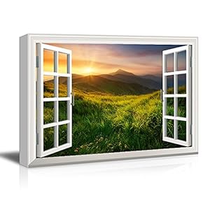 3D Visual Effect View Through Window Frame Landscape at The Top of Mountains with Grass Gallery 12x18 inches